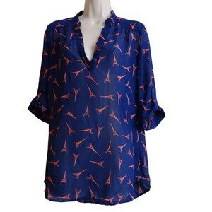 Rue21 Eiffel Tower Print Sheer Blouse Women Size M Blue Coral Roll Tab Sleeve
